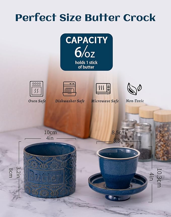 TEATALK Ceramic French Butter Crock - Vintage Relief Pattern Butter Keeper with Water Seal, 6.7oz Midnight Blue Butter Dish for Fresh Spreadable Butter, Farmhouse Kitchen Decor & Gift
