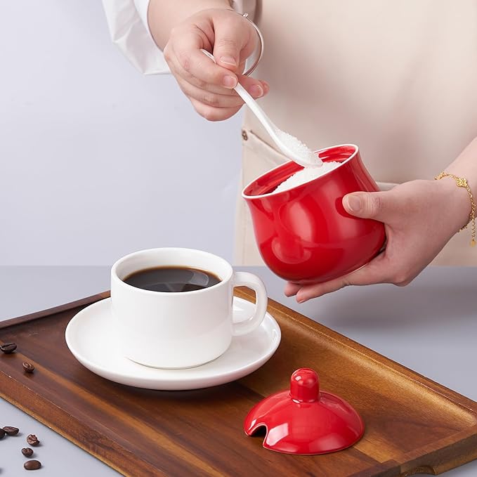 Ceramic Sugar Bowl with Lid and Spoon, Red Porcelain Sugar Salt Pepper Storage Jar, 12 Ounces