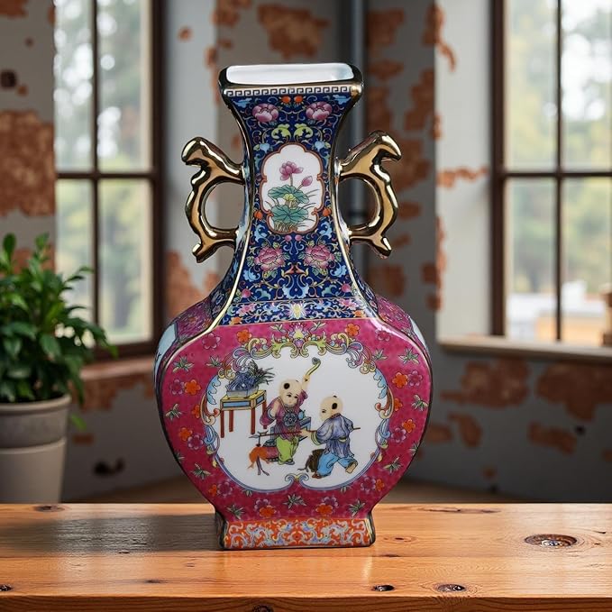 Antique Ceramic Vase - 9.8 Inch Enamel Porcelain Vase with Gold Trim, Chinese Purple Red Double-Handled Flat Ornament for Home Decor, Housewarming Gift, Collector's Art Piece
