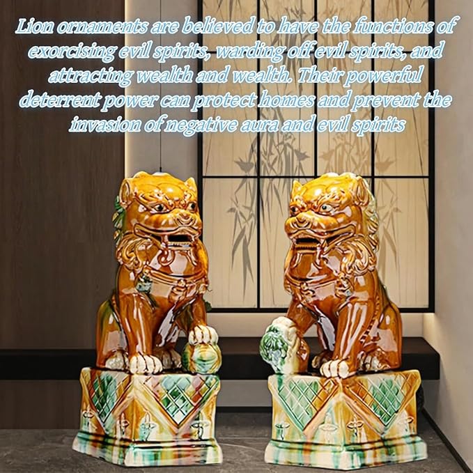 Home Decoration Sculpture Ceramic Lions Pair Home Decorations Asian Art Desktop Feng Shui Ornaments Dark Green