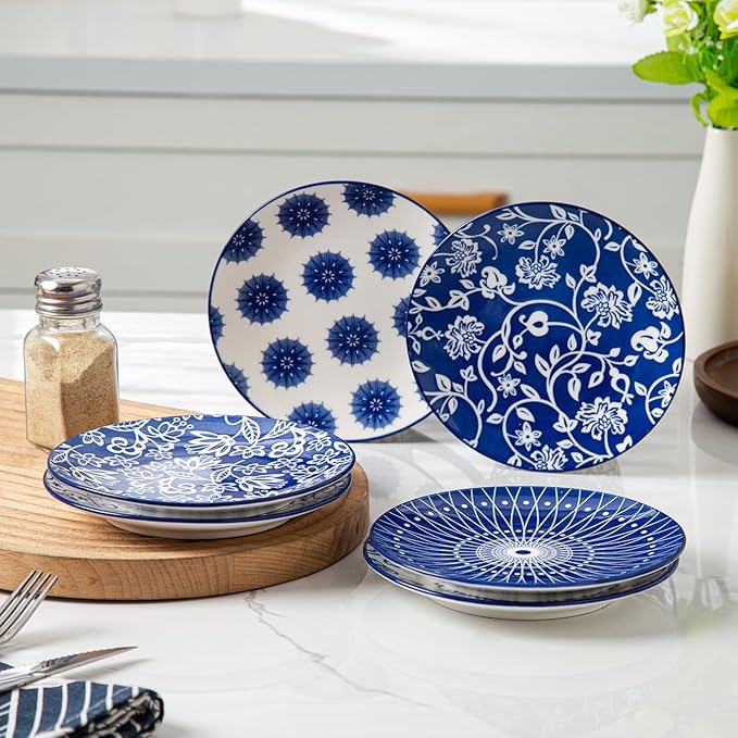 Ceramic Dessert Plates Set - 6 Inch Mini Appetizer Plates for Kitchen - Small Salad Plate for Snacks Side Dish Cake, Gift, Microwave Dishwasher Safe, Vintage Blue