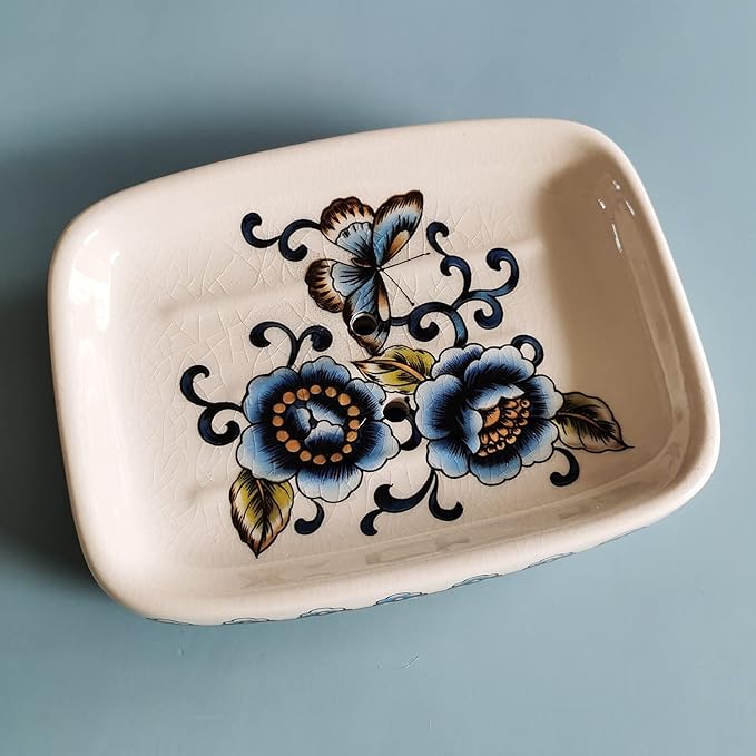 Kelake Ceramic Soap Dish Creative Ice Crack Ceramic Blue Butterfly and Flower Pattern Soap Dish Holder for Bathroom and Shower Soap Tray Box with Drain Gift for Mum Family