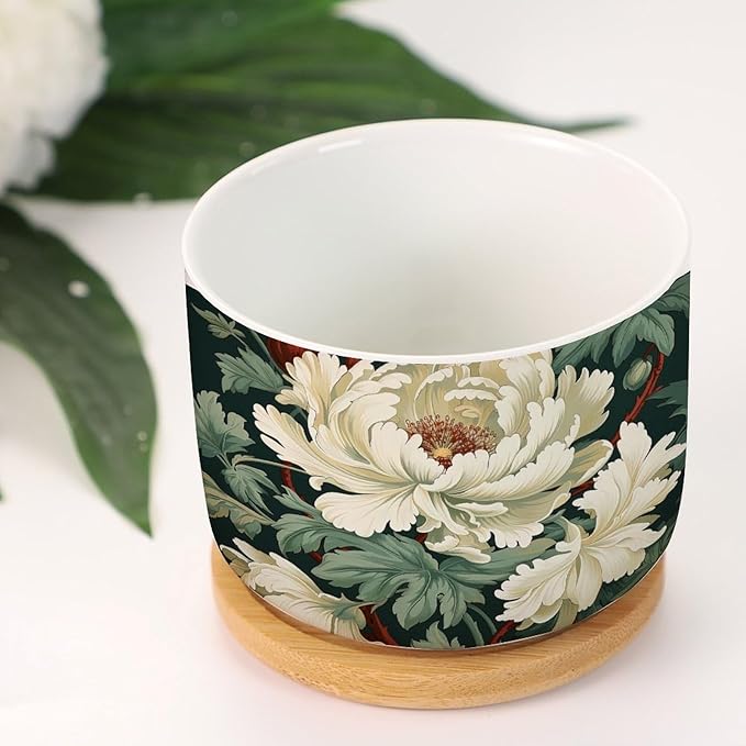 Egg Green and White Floral Small Pot for Flowers Set of 5 White Chinoiserie Flower Ceramics Pots for Plants with Drainage Bamboo Trays Chinoiserie Cactus Planter