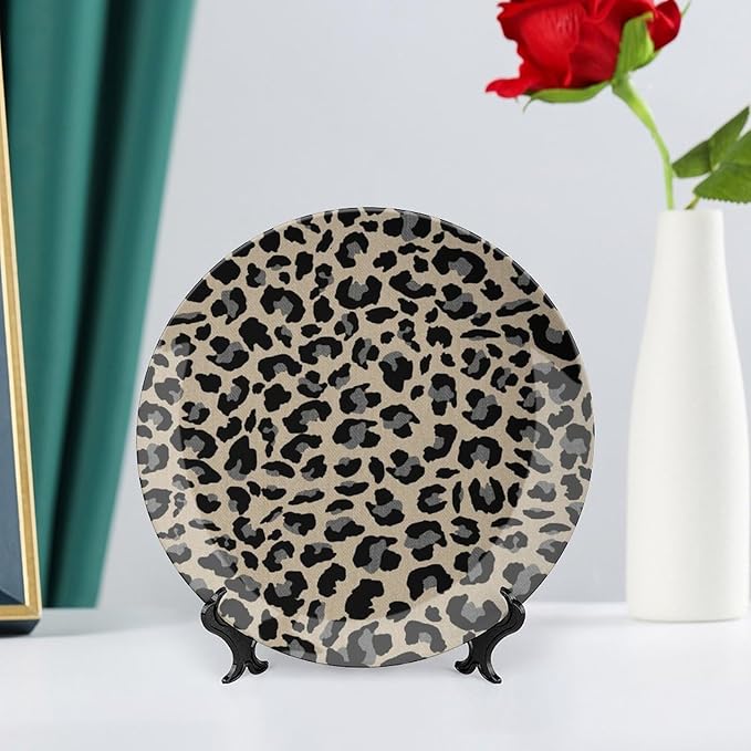 Leopard Animal Print Black in Brown Background China Plates, Animals Wildlife with Textures Customize Wall Art Hanging Plate for Office Wall Home Decor, with Vertical Stand Art Decor for Wedding