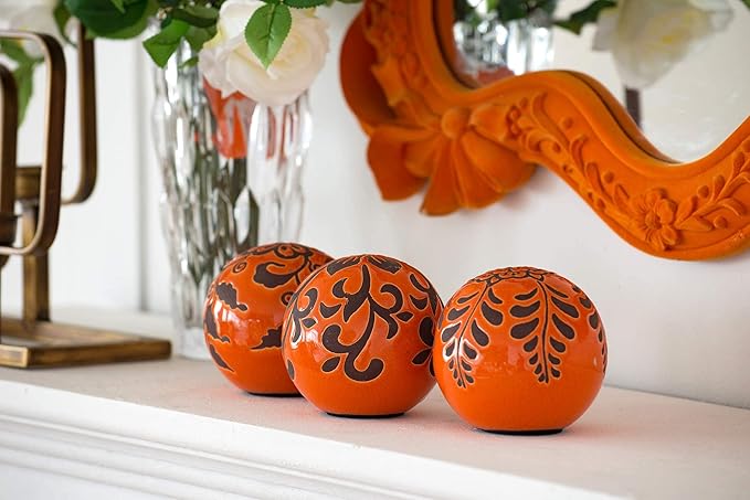 A&B Home Decorative Orbs - Table Centerpieces Set of 6 Ceramic Sphere Ball with Flat Side Orange Pattern, 4 inch