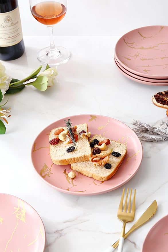 6-Piece Dinner Plate Set, 10-Inch PinkMarble Ceramic Plates with Gold Rim, Oven & Microwave Safe, Elegant Appetizer Salad Dessert Plates for Modern Dining, Dishwasher Safe.