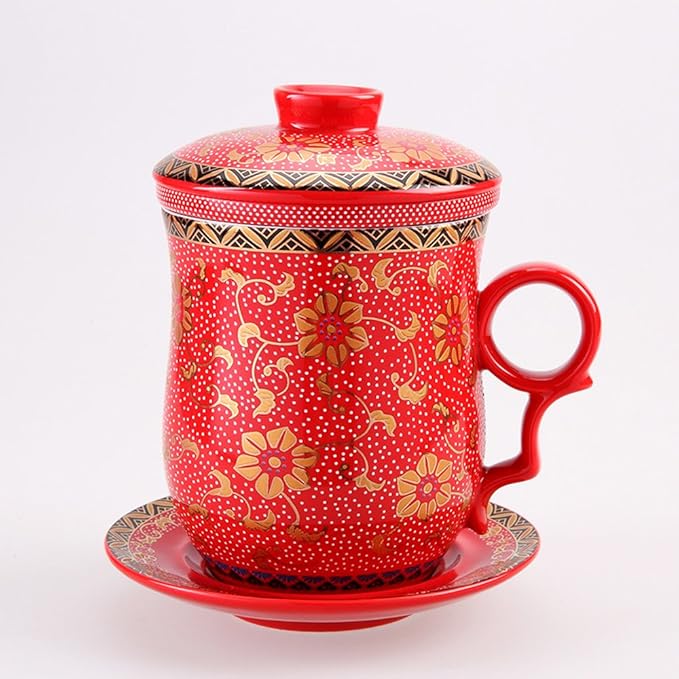 Porcelain Tea Cup with Infuser Lid and Saucer Sets - Chinese Jingdezhen Ceramics Coffee Mug Teacup Loose Leaf Tea Brewing System for Home Office