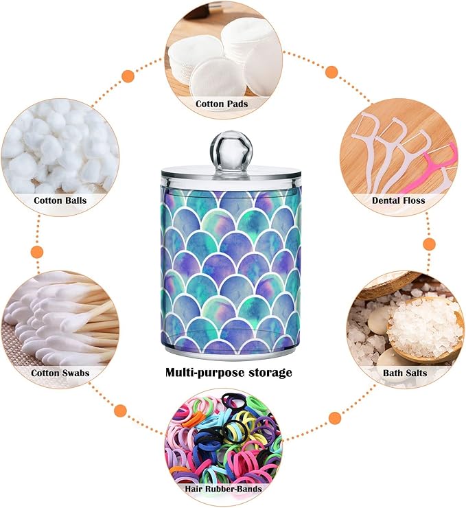 MNSRUU 2 Pack Qtip Holder Organizer Dispenser Watercolor Rainbow Scales Of Mermaid Bathroom Storage Canister Cotton Ball Holder Bathroom Containers for Cotton Swabs/Pads/Floss