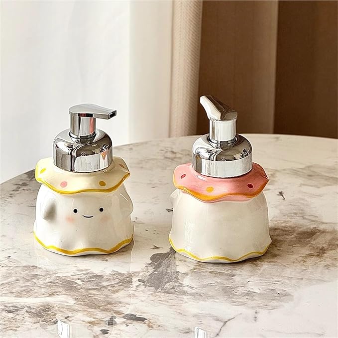 380ml Cute Ghost Ceramic Foaming Soap Dispenser - ABS Plastic Pump Container for Bathroom Vanity, Reusable Hand Soap/Bath Foam Dispenser(Yellow)