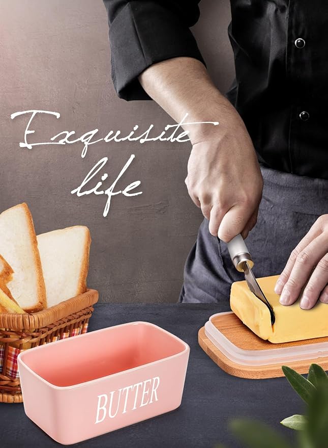Butter Dish with Lid, Home Decor, Large Butter Dish for Countertop Ceramic Butter Keeper Container with Knife and High Quality Silicone Sealing Good Kitchen Gift Pink