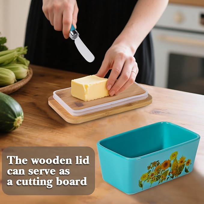 Sunflower Butter Dish with Lid,Large Butter Crock Keeper Saver,Ceramic Butter Container for Countertop with Highly Sealed Silicone Thick Wooden Lid for Kitchen Farmhouse Decor (Thin Blue, Sunflower)