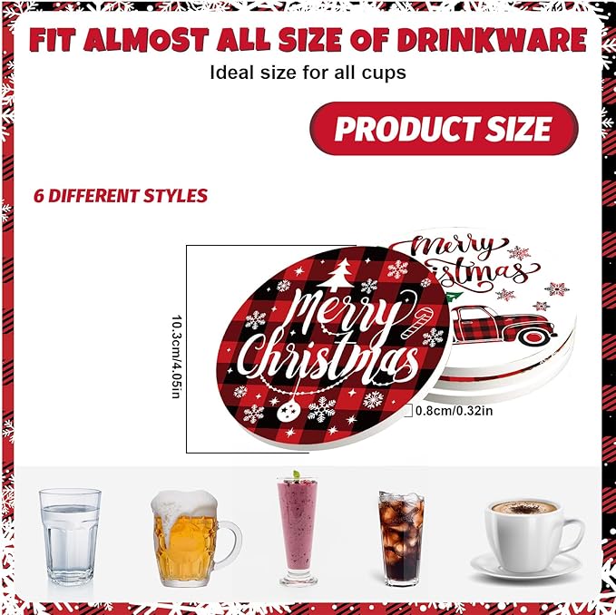 6Pcs Christmas Coasters with Metal Holder Xmas Tree Snowflake Truck Drink Coasters Red Black Plaid Winter Holiday Ceramic Cup Mat for Home Kitchen Table Decor, 4.1 x 0.3 Inch