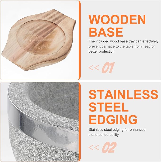 Zerodeko Bibimbap Bowl: Korean Stone Pot with Wood Base - Decorative Stone Bowl - Cooking Utensils for Home Restaurants Korean Soup Food Rice Stew