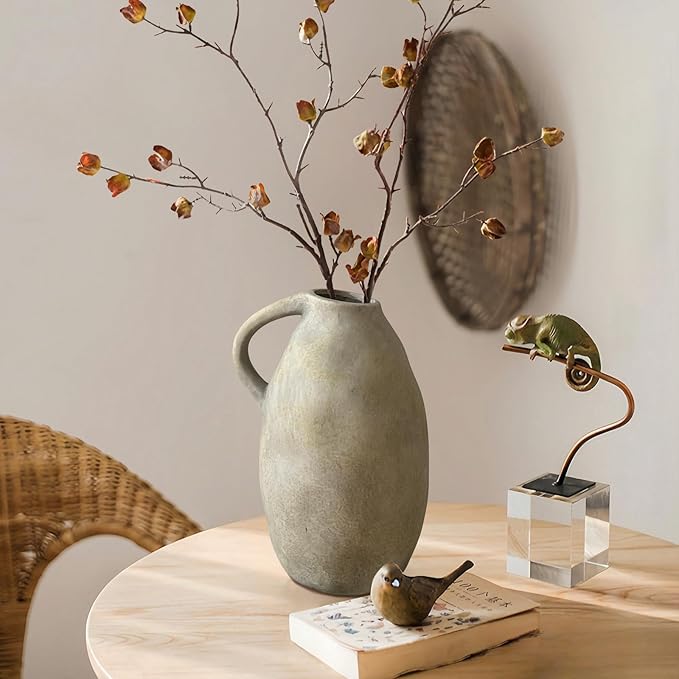 10.3 Inch Ceramic Rustic Farmhouse Vase with Handle, Vintage White Grey Pottery Flower Vase, Rustic Vase for Home Decor, Farmhouse Kitchen, Bedroom, Wedding, Thanksgiving Centerpiece