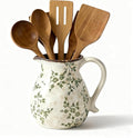 Rustic Ceramic Utensil Holder, 6.1"Modern Farmhouse Cooking Utensil Holder for Kitchen Counter with Handle, Kitchen Utensil Organizer Crock for Countertop Home Decor, Vintage Spoon Tool Tray(white)