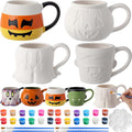 Zubebe 4 Sets Halloween Paint Your Own Mugs Craft Kit, Halloween Ceramic to Paint, Bat Face Green Monster Ghost Jack-o'-Lantern Pumpkin DIY Mugs, Festive Coffee Tea Cup with Paints, Brushes & Palette