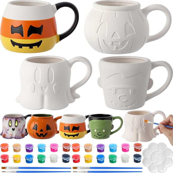 Zubebe 4 Sets Halloween Paint Your Own Mugs Craft Kit, Halloween Ceramic to Paint, Bat Face Green Monster Ghost Jack-o'-Lantern Pumpkin DIY Mugs, Festive Coffee Tea Cup with Paints, Brushes & Palette