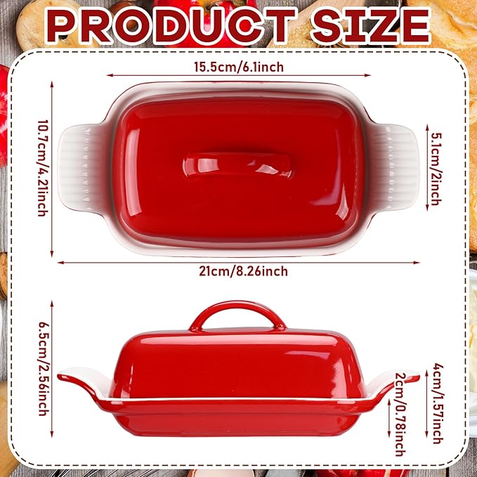 Qinyoung Ceramic Butter Dish with Lid for Countertop Extra Large Elegant Butter Dish Tray with Handle Durable Heavyweight Glazed Ceramic Kitchen Container Keeper Non-slip Base Minimalist(Red)