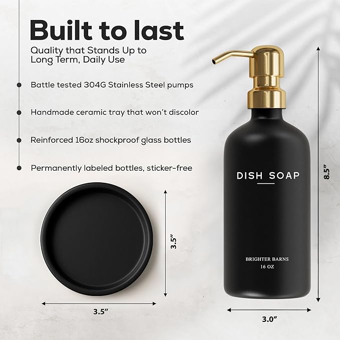 Luxury Glass Dish Soap Dispenser for Kitchen Sink by Brighter Barns - Refillable Glass Kitchen Soap Dispenser Set - Black and Gold Home Decor for Modern Airbnb, Rentals, Restaurants, Gift (Black/Gold)