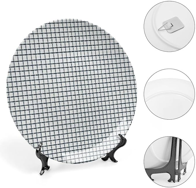 Geometric Asian Check Pattern China Plates Decor for Club Home Kitchen Personalized Halloween Idea Gifts Wall Hanging Decorative Plate with Vertical Stand, Multi Sizes by Choosing