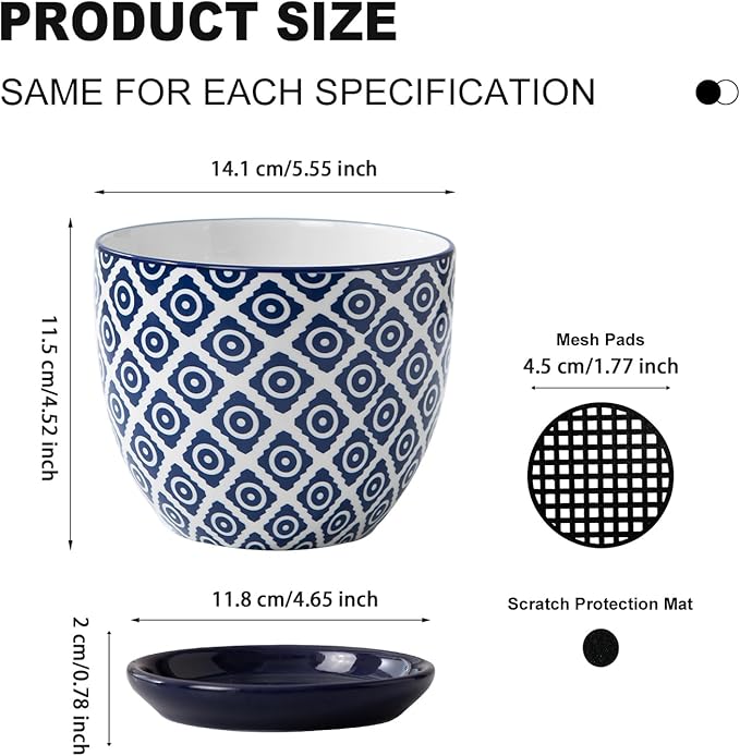 Ceramic Plant Pots - 5.6 Inch Flower Planters with Drainage Holes and Saucers for Indoor Plants Herbs, Succulent, Orchid, Cactus, Outdoor Plants, Home Decor, Set of 4, Vintage Blue