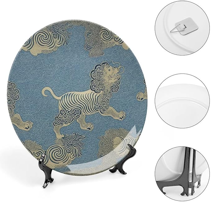 Blue Tibet Tiger Fashion Plates, Chinoiserie Tiger in Blue Customize Ceramic Ornaments Dessert Plates for Kitchen Display Wedding Decor, with 1 Display Stand Art Decorations for Wall Household
