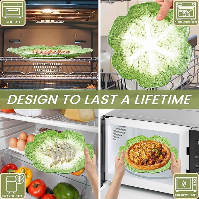 1 Pcs Green Ceramic Salad Plate, 10.5 Inch Porcelain Decorative Plates for Kitchen, Round cabbage dishware for Dessert, Decorative, Dinner, Pancakes, Steak, Cabbage Plate Microwave & Dishwasher Safe