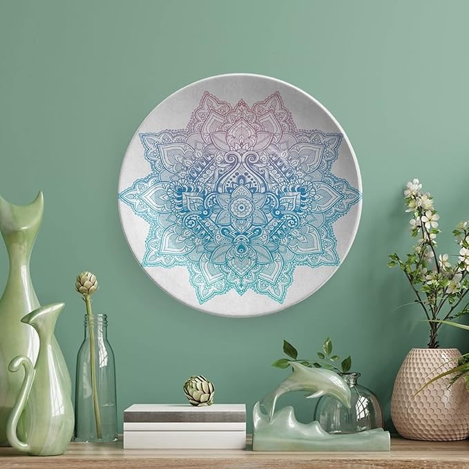 XISUNYA 10 Inch Decorative Plate, Lotus Round Porcelain, Bohemian Tattoo Zen Pastel Toned Mandala Abstract Lotus Print Ceramic Wall Hanging for Home & Office Wall Hanging Decor, Lilac Pale Blue