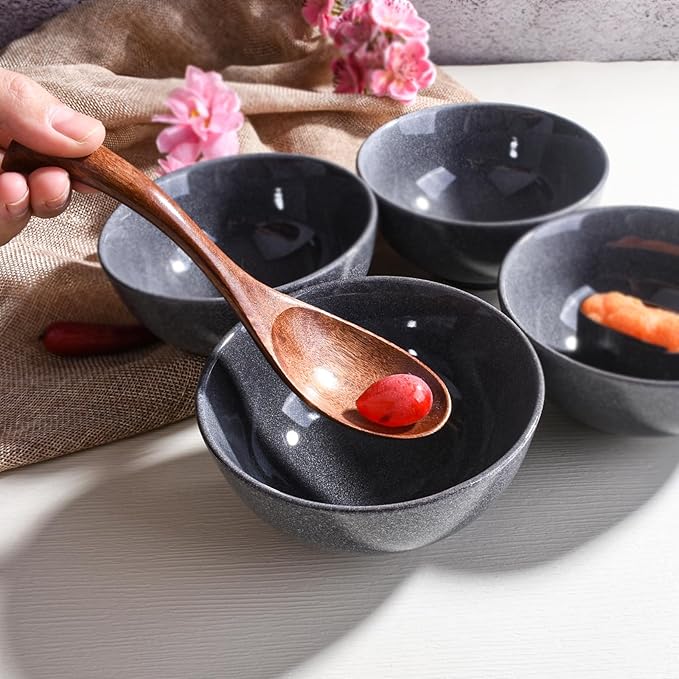 Modern Gray Porcelain Rice Bowls, 4.5 Inch Diameter, Set of 4, Traditional Asian Style Dining Bowls