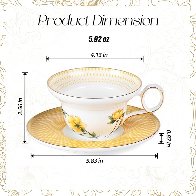 KAMMAK Ceramic Coffee Cups Saucers Set of 2, Porcelain Espresso Cups with Saucers, 5.92 oz Handmade Elegant Bone China Tea Cup, Ceramic Floral Pattern Demitasse for Latte, Americano, Cappuccino