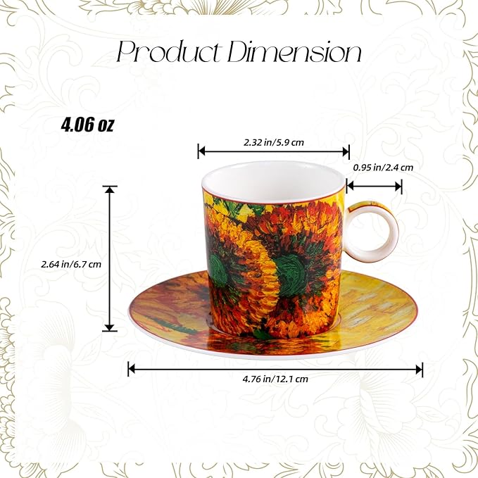 KAMMAK Tea Cups and Saucers Set of 2, Fine Bone China Coffee Cups, Stackable Espresso Mugs, Ceramic Demitasse for Coffee, Cappuccino, Latte, Americano, Tea, Small - Sunflower Oil Painting