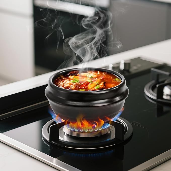 Korean Stone Bowl, Ceramic Korean Cooking Stone Pot Set with Tray, 37 Oz Dolsot Bibimbap Sizzling Hot Pot Soup Cookware for Korean Restaurants, Rice, Soup, Noodle