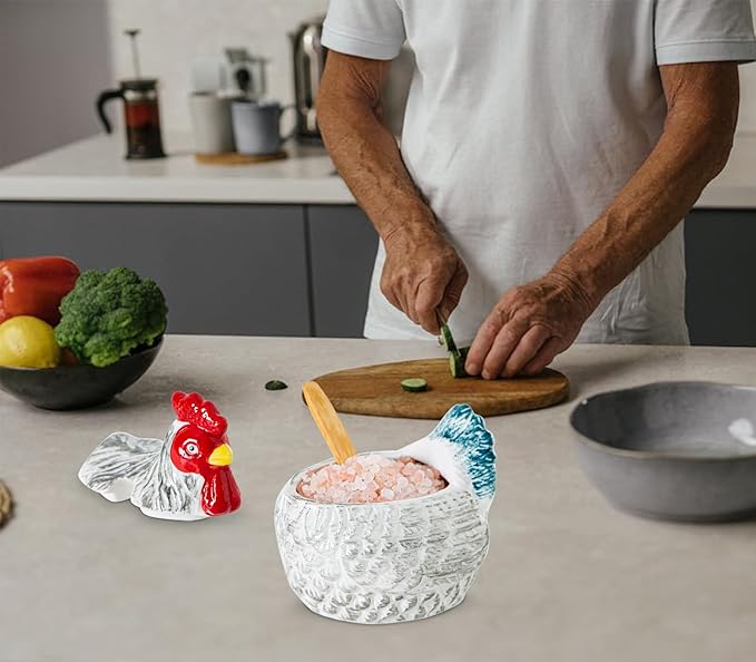 Hen Shaped Salt Container For Countertop Salt Cellar With Bamboo Spoon,Sugar Bowl With Lid,Ceramic Spice Storage Canisters With Lid, Colorful Farmhouse Kitchen Countertop Decor