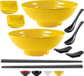 Unbreakable Ramen Bowl Set with Chopsticks and Spoon: 2 large Japanese Style Melamine Ramen Bowls, Dipping Bowls and Chopstick Stands for Asian Pho Soup Thai Miso Udon Wonton (2 Bowl Set, Yellow)