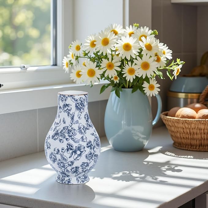 9in Blue and White Chinoiserie vase - Vintage Ceramic Flower vase with Antique Design, Perfect for centerpieces or Kitchen Accents.Chinoiserie Porcelain Decor