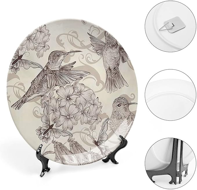 XISUNYA 8 Inch Decorative Plate, Hummingbirds Tableware Plate, Birds and Flowers Monochromic Classical Print Ceramic Wall Hanging for Home Office Party Dinner Table Decor