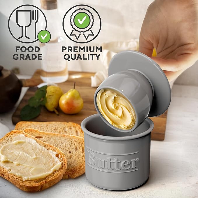 Premium Butter Crock with Lid - Original Design French Butter Dish - Beautiful Ceramic Butter Keeper for Counter with Water Line - Perfect to Keep Butter Soft and Spreadable, Gray