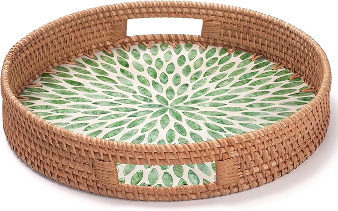 YANGQIHOME Round Serving Tray with Decorative Mother of Pearl Inlay, Woven Rattan Tray for Home Decor, Table Decor, Gifts, Dining, Food, Fruit, Coffee, 13.8 inch