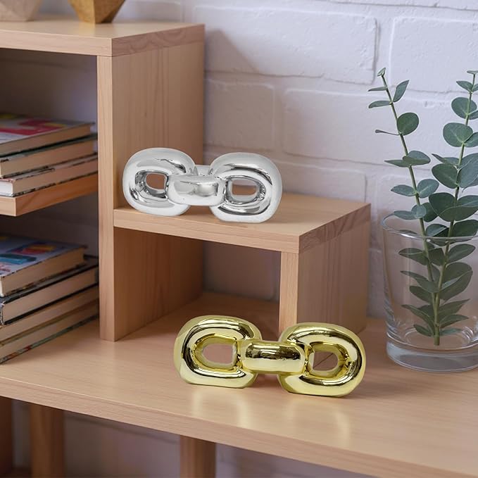 Zerzsy Set of 2 Ceramics Modern Abstract Figurines Sculpture Decoration, Gold & Silver Chained Statues for Home Living Room Bedroom Bookshelf Shelves Wedding Office Desk Table