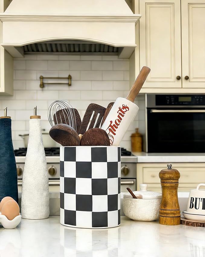 Utensil Holder，7.2 Inch Checkered Utensil Holder, Ceramic Cooking Utensil Spoon/Spatula Holder for Countertop, Kitchen Decor and Accessories for counte(Black)