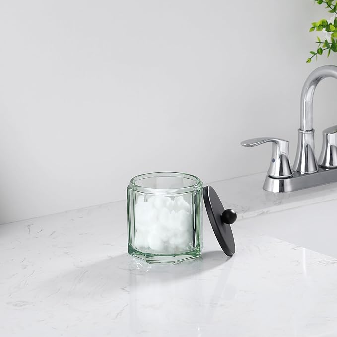 Sage Green Translucent Apothecary Octagional Shaped Glass Canister Jar With Black Metal Lid Cover for Bathroom Organization, Cotton Balls, Q Tips, and Small Accessories, Bathroom Storage