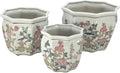 Galt International Multi Color Peony Round Fluted Floral Porcelain Ceramic Plant Flower Planter Pot Set of 3 (7.5", 10", 13") Garden Pots Chinese Asian Design Pink Blue Green