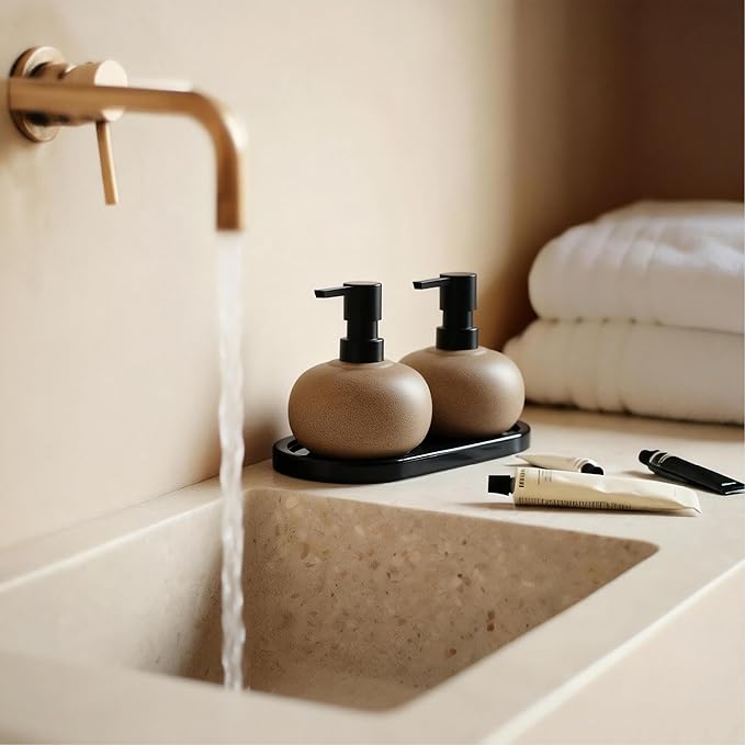 10oz Ceramic Hand Soap Dispenser, Elegant Liquid Soap Dispenser for Bathroom Countertop, Heavy & Sturdy Dish Soap Dispenser for Kitchen (Brown Set of 2 & Ceramic Tray)