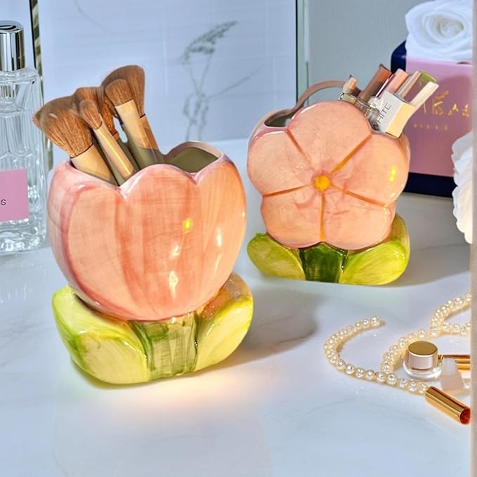 Pink Pencil Holder,Ceramic Tulip Pen Holder, Multi-Purpose Makeup Brush, Aesthetic Office Vanity Kitchen Desktop Decor,Perfect Birthday Christmas Gift for Women Girls