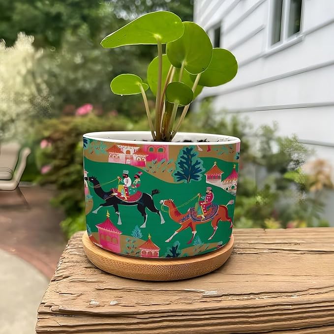 Bright Emerald Green Planter Ceramic Chinoiserie Decor Round Plant Pot with Drainage Holes and Bamboo Tray Pot for Home Desktop Office Windowsill