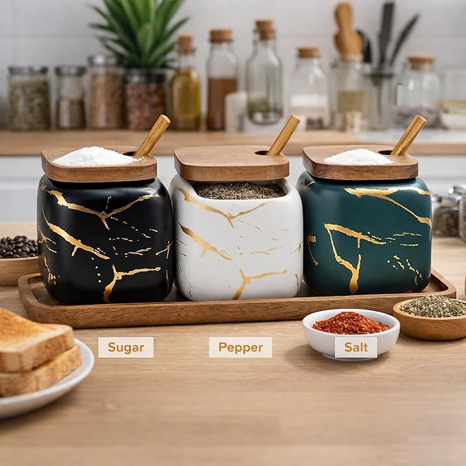 3 Pcs Sugar Bowls Ceramic Coffee Jar Set Ceramic Seasoning Jar with Lid Spoon and Tray/Food Storage Canister (Color Mixing)
