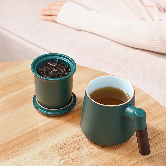ZENS Tea Cup with Infuser and Lid, 11 oz Green Ceramic Steeper Mug for Loose Leaf Tea Lovers Gifts, Wood Handle Tea Strainers.