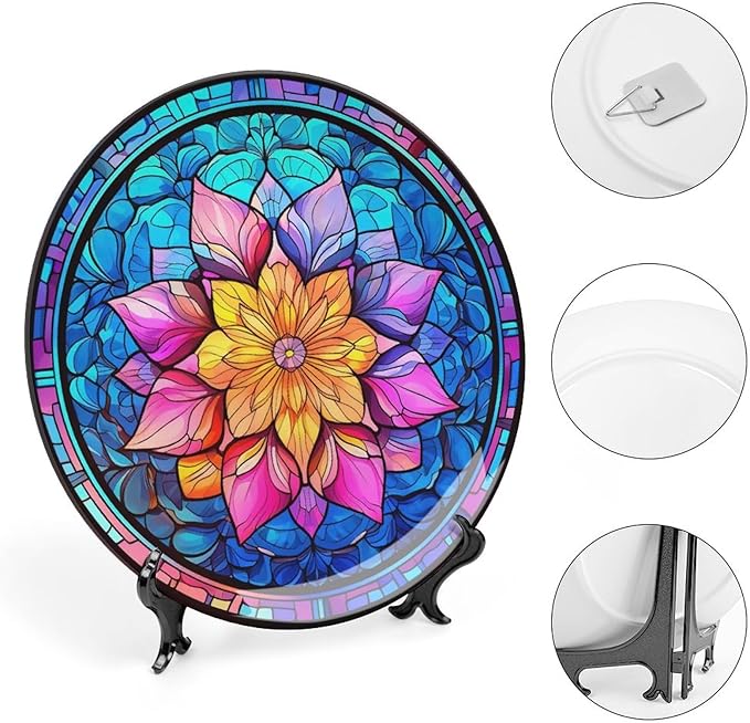 Decorative Plates for Wall Hanging, Boho Flower Stained Glass Design Ceramic Plate w/Display Stand, Home Decor for Kitchen Cabinets, Farmhouse Round Tray 6 Inch, Gift for Family Friends