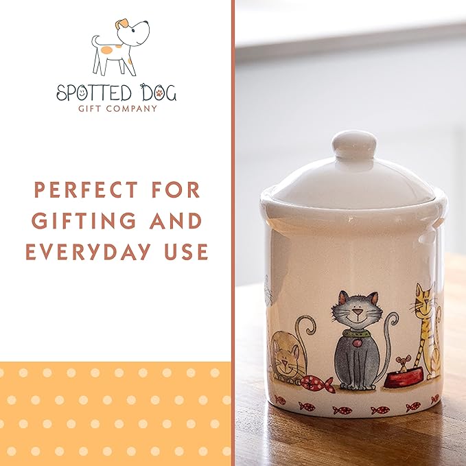 SPOTTED DOG GIFT COMPANY Ceramic Jar with Lid for Countertop, Cute Cat Treat Container, Decorative Kitchen Storage Jar for Tea Coffee Sugar, Gifts for People Who Love Cats 35oz