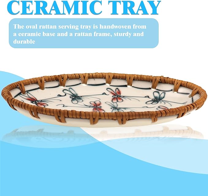 Rattan Ceramic Tray, Oval Fruit/Bread/Cookie/Jewelry Small Storage Porcelain Serving Plate, Vintage Decorative Display Plate for Coffee Table Home Decor Wedding Party Gift (Red Dragonfly)